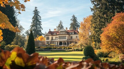 Obraz premium Elegant Historic Mansion Surrounded by Vibrant Autumn Foliage