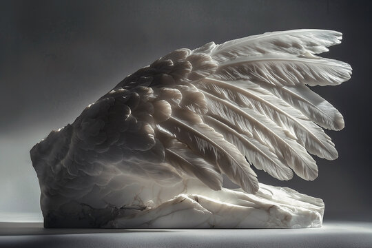 Close up wings of Daedalus and Icarus. Ancient Greek and Roman mythology. Fragment of a marble statue. Horizontal image.