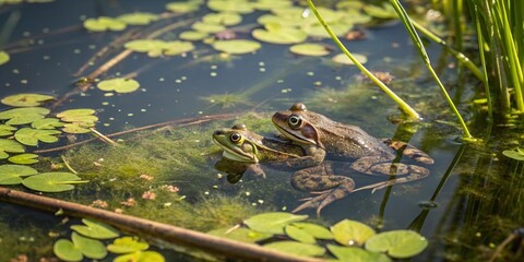Miniature Lake Romance: Two Frogs Mating in a Charming Pond
