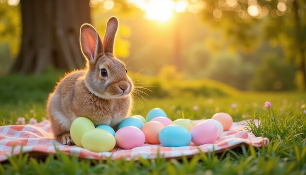 A rabbit sits on a checkered blanket surrounded by colorful Easter eggs in a sunlit grassy field, creating a festive and serene scene