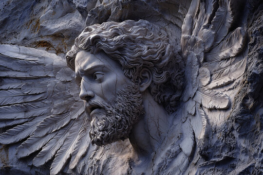 Daedalus and Icarus. Ancient Greek and Roman mythology. Fragment of a marble statue. Horizontal image.