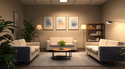 Stylish Office Lounge with Plush Sofas and Neutral Decor