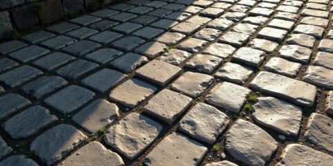 Fototapeta premium Sun-Drenched Stone Pavement A Textured Surface of Irregularly Shaped Blocks with Interspersed Vegetation