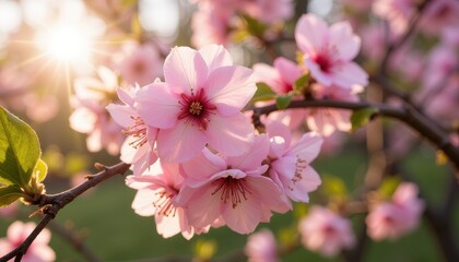 Obraz premium Pink cherry blossoms on a tree branch with sunlight filtering through, creating a serene and warm atmosphere, symbolizing spring and renewal