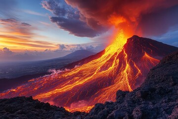 Fototapeta premium a breathtaking volcanic eruption at sunset lighting the sky with fiery hues of orange and red creating a dramatic scene where natures power showcases its aweinspiring beauty