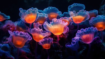 A vibrant underwater scene featuring glowing jellyfish in various colors.