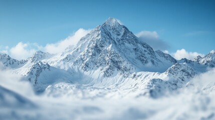Obraz premium Majestic Snow-Capped Mountain Peak under a Clear Blue Sky surrounded by Soft White Clouds and Snowy Ground