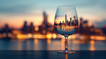 Cityscape in a Wineglass: A captivating image featuring a city skyline reflected in a wineglass, creating a surreal and enchanting scene against a blurred cityscape background at sunset.