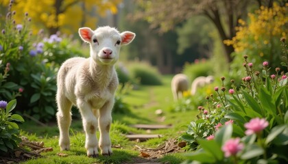 Fototapeta premium A lamb stands on a garden path surrounded by colorful flowers, with other sheep in the background, evoking a serene and pastoral Easter scene