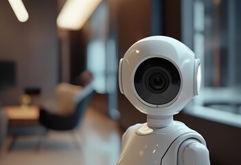 A compact robotic assistant stands on a table, showcasing its futuristic design.
