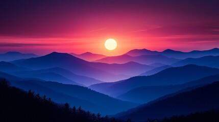 Naklejka premium Majestic mountain sunset with vibrant hues, layered peaks and a serene landscape vista creating a tranquil and dreamy scene