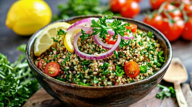A close up of a bowl of tabbouleh salad with lemon, red onion, and cherry tomatoes