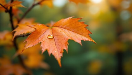 Autumnal Splendor: A Close-Up of a Maple Leaf with a Water Drop Reflecting the Light