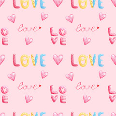 Cute hand drawn hearts seamless pink pattern, lovely romantic background, great for Valentine's Day, Mother's Day, textile, wallpaper, banner - watercolor design