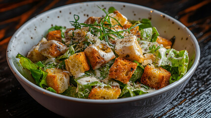 Fototapeta premium Fresh Caesar Salad with Crisp Romaine Lettuce and Croutons