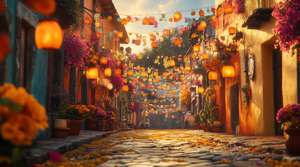 Obraz premium A bustling Mexican street decorated with papel picado and marigold garlands, with glowing lanterns creating a festive atmosphere
