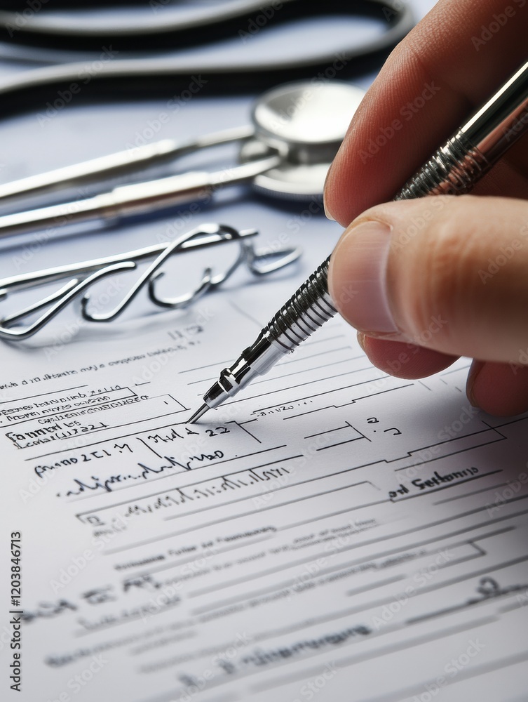 Poster hand completing a medical form with a stethoscope and tools in a healthcare environment. generative 
