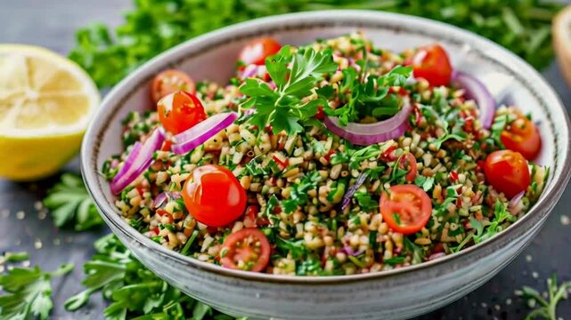 A close up of a bowl of tabbouleh salad with lemon, red onion, and cherry tomatoes
