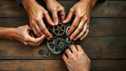 teamwork in action - group of people meticulously assembling gears on a table, epitomizing the collaborative effort in project realization, optimized for 16:9 HD and social media usage. Ai generated 