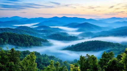 serene landscape of mist rolling over lush green hills at sunrise, creating tranquil atmosphere