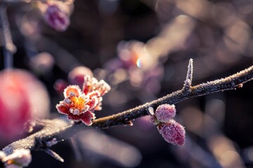 A frosty layer on quince blossoms highlights the intricate details of nature's winter artistry.