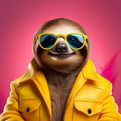 Fototapeta premium A quirky illustration of a sloth looking cool, sporting sunglasses and a yellow jacket, set against a pink background.