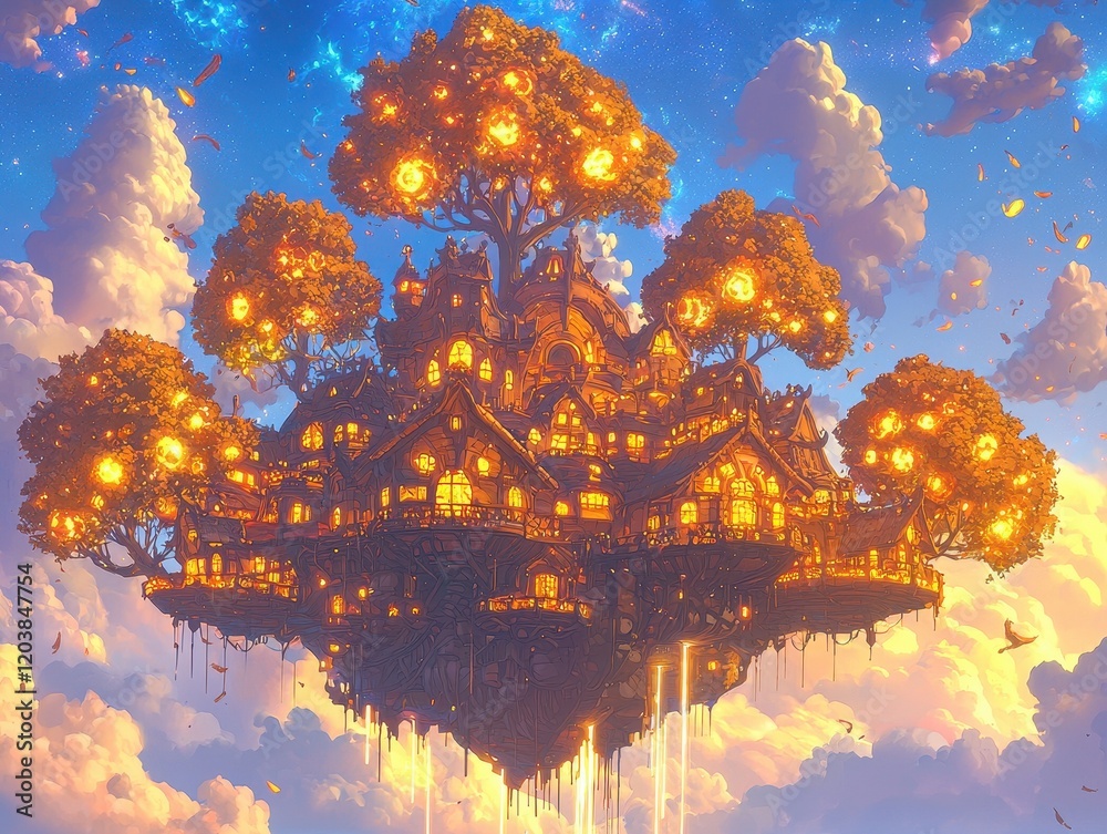 Wall mural a mystical floating island with radiant waterfalls cascading into the void below. glowing trees with