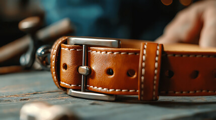 Handmade leather belt with stitching and metal buckle on wooden table
