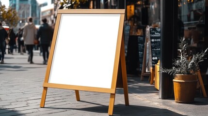 Blank White Frame Sign Stands on Sidewalk in Urban Setting with People Walking by in Background