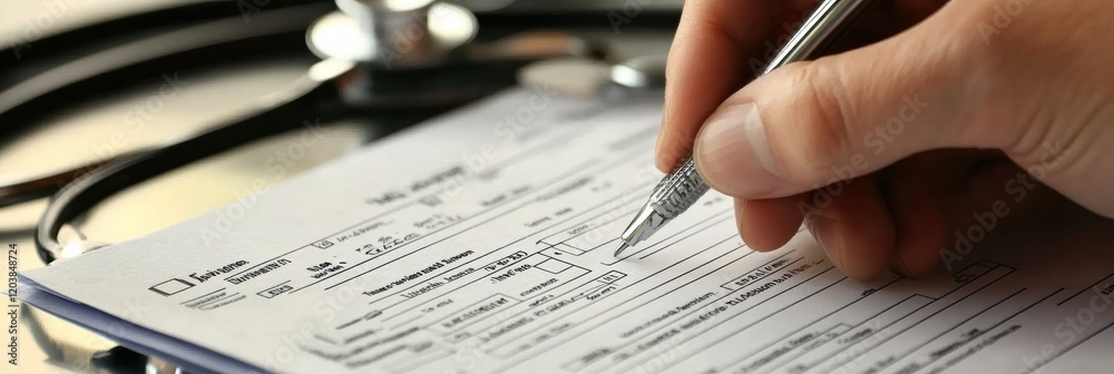 Aufkleber filling out a medical form with a pen in a clinical setting during an appointment. generative ai