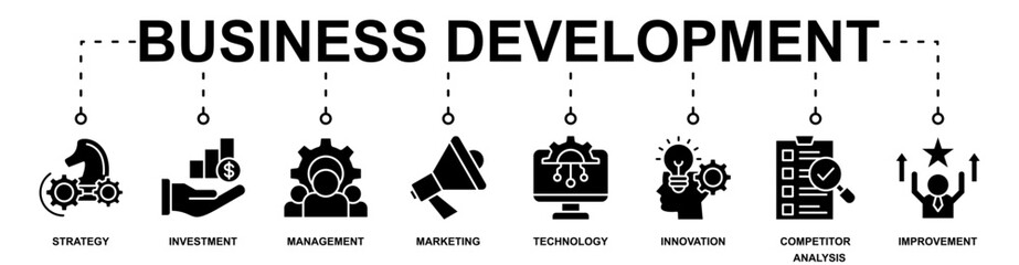 Business Development banner web icon vector illustration concept with icon of strategy, investment, management, marketing, technology, innovation, competitor analysis, improvement