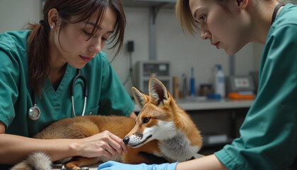 Veterinarians caring for a fox in a clinic with a focus on wildlife conservation