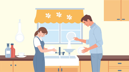 Married Couple Washing Dishes at Home