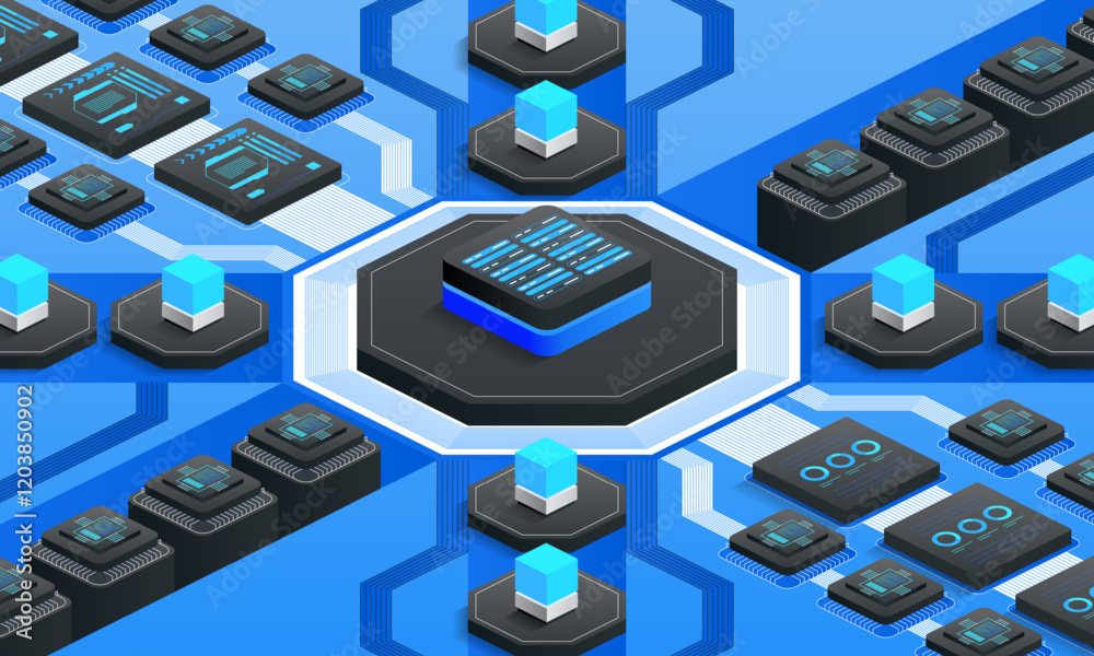 Poster futuristic digital network. interconnected microchips and data nodes in a cutting-edge network, high