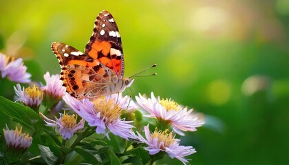Obraz premium A vibrant butterfly perched on delicate spring flowers, showcasing the beauty of nature in bloom.