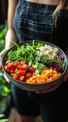 Obraz premium Fresh and colorful salad with vibrant vegetables held by a person in casual attire