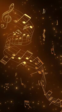 abstract music background with golden 3d notes and shiny glitter stars animation, music gold vertical social media motion background