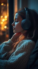 Young woman enjoys music with headphones while relaxing by a window with warm lights in the background