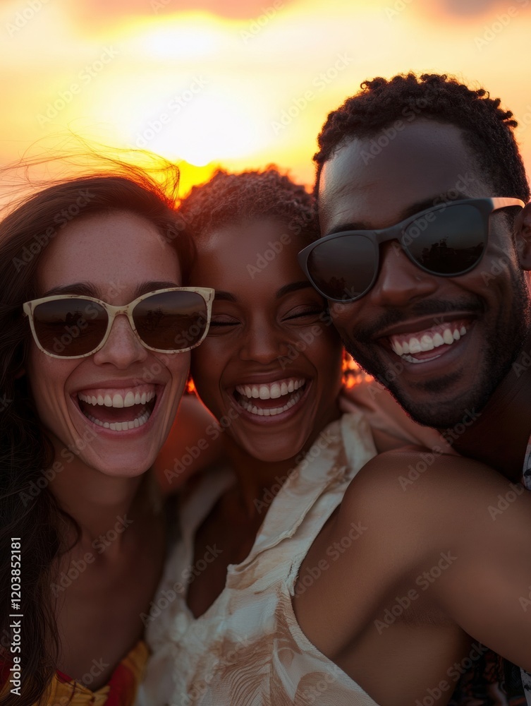 Poster group of friends smiling and enjoying a sunset at the beach during summer. generative ai