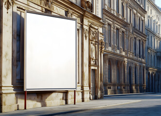 Obraz premium Blank Outdoor Billboard in Front of Classic Historic Building