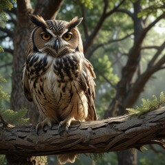Obraz premium An owl's feathers spread wide to reveal the nest in a tree branch, birdlife, branches