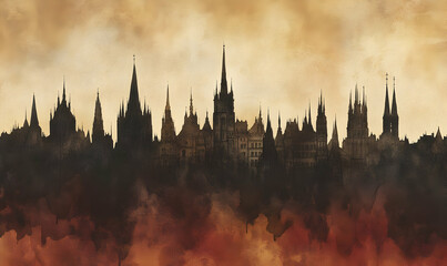Fototapeta premium Gothic city skyline, fiery sunset, dramatic art print
