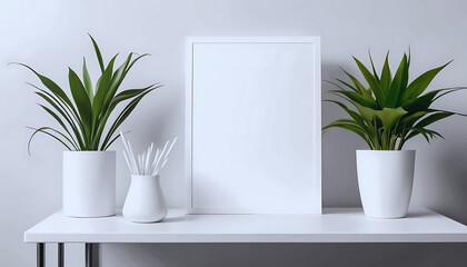White label mockup for empty menu frame in store or beauty salon with plant flower Stand booklet paper tent card sheets on the reception desk displays your product background