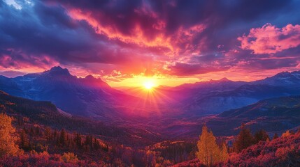 Vibrant mountain landscape with a stunning sunset casting a warm glow over the valley and colorful autumn foliage