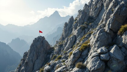 Naklejka premium Red flag placed on top of a rocky mountain peak surrounded by layers of misty mountains