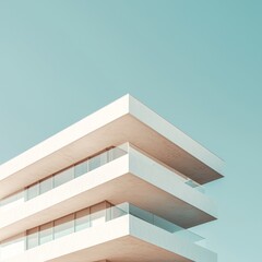 Modern minimalist building corner, three levels with balconies against a pale blue sky.