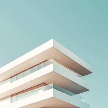 Fototapeta Modern minimalist building corner, three levels with balconies against a pale blue sky.