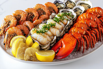 Gourmet seafood platter featuring shrimp, lobster, oysters, and lemon served on ice at a fine dining restaurant