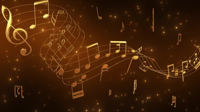 abstract music background with golden 3d notes and shiny glitter stars animation, music gold motion background