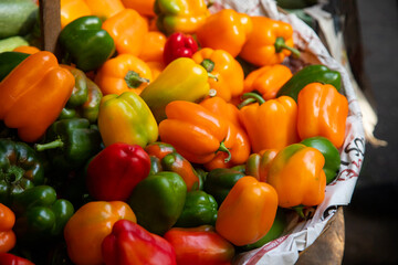 Fresh colorful chili peppers selling at Central Abastos market in Oaxaca, Mexico.